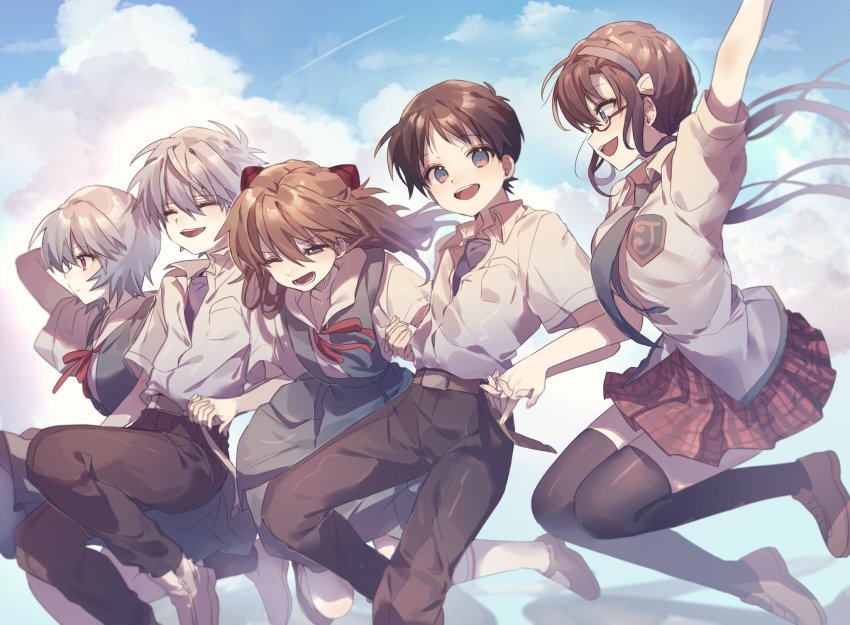 2boys 3girls ayanami_rei blue_hair breasts cloud cloudy_sky closed_eyes glasses highres holding_hands ikari_shinji image_sample looking_at_viewer makinami_mari_illustrious multiple_boys multiple_girls nagisa_kaworu neon_genesis_evangelion one_eye_closed open_mouth rebuild_of_evangelion school_uniform shirasunuko short_hair skirt sky souryuu_asuka_langley tokyo-3_middle_school_uniform twitter_sample