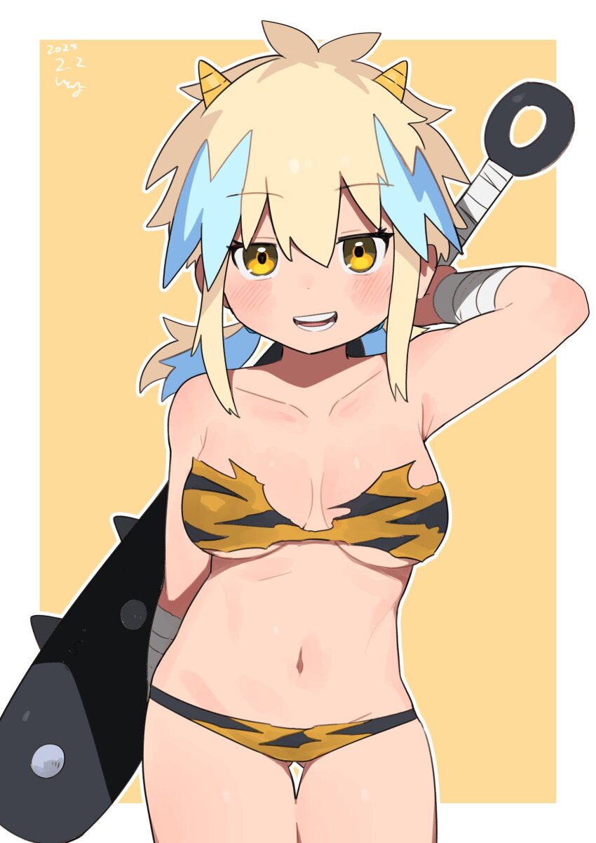 1girl animal_print bikini blonde_hair blue_hair border breasts club_(weapon) colored_inner_hair demon_horns highres horns itoriyo medium_breasts medium_hair multicolored_hair nakamura_shizuki navel oni raisei_no_ryu_tsukai setsubun sidelocks simple_background swimsuit tiger_print weapon white_border yellow_background yellow_eyes