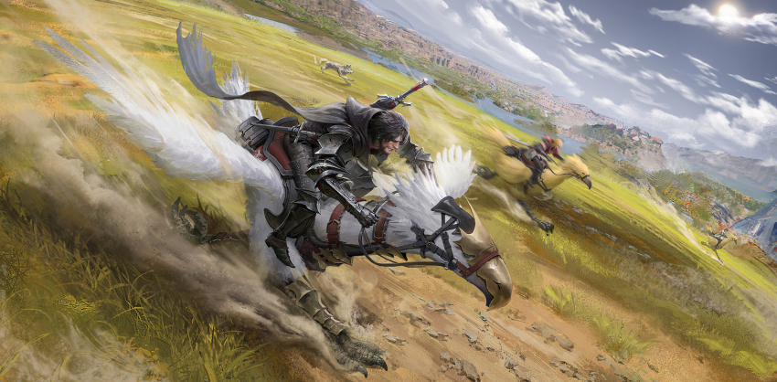 1girl 2boys ambrosia_(ff16) armor black_cape cape chocobo clive_rosfield cloud cloudy_sky dog dutch_angle final_fantasy final_fantasy_xvi grass highres jill_warrick johnblack joshua_rosfield motion_blur mountainous_horizon multiple_boys riding running sky sun torgal_(ff16)