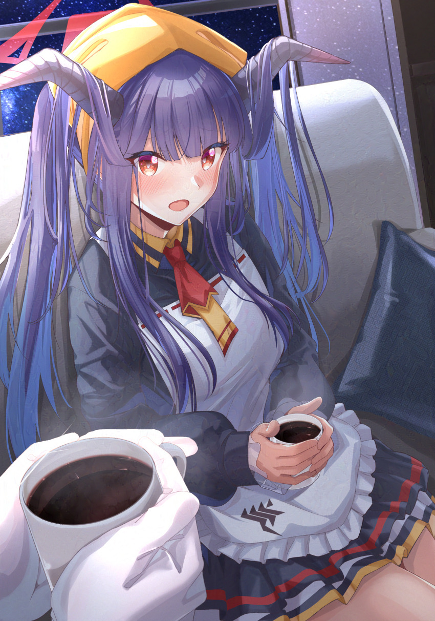 1girl 1other absurdres adversarial_noise apron backlighting black_dress black_hair black_horns blue_archive blunt_bangs blush coffee commentary_request commission couch cowboy_shot cup demon_girl demon_horns dress frilled_apron frills fuuka_(blue_archive) gloves hair_on_horn headscarf highres holding holding_cup horns indoors kagin_(kagou_shita_nanika) long_hair long_sleeves looking_at_viewer necktie night on_couch open_mouth pov pov_hands puffy_long_sleeves puffy_sleeves red_eyes red_necktie short_necktie sidelocks sitting skeb_commission solo_focus steam straight_hair twintails very_long_hair white_apron white_gloves