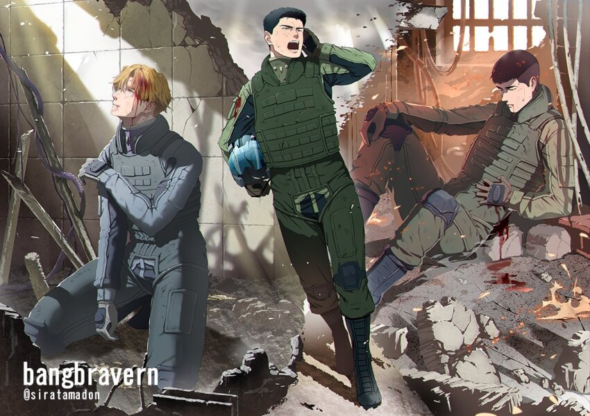 3boys ao_isami artist_name black_footwear black_hair blonde_hair blood blood_from_mouth blood_on_face blue_jumpsuit boots brown_hair brown_jumpsuit bulletproof_vest copyright_name facing_viewer gloves green_jumpsuit helmet holding holding_helmet jumpsuit knee_pads kneeling lewis_smith looking_down looking_up male_focus multiple_boys rubble ryuji_satake short_hair siratamadon0416 yuuki_bakuhatsu_bang_bravern