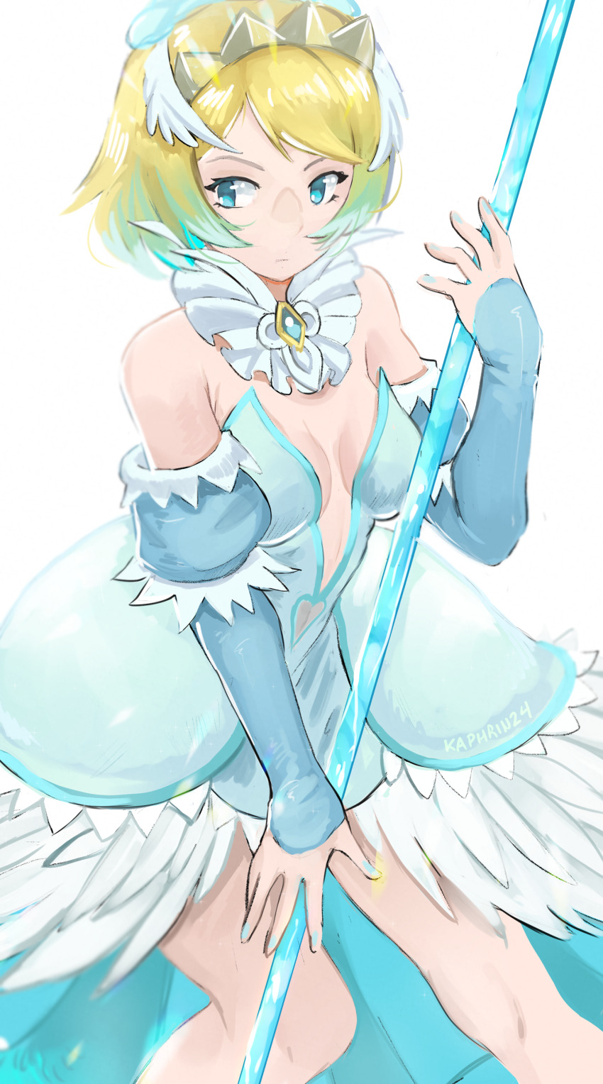 1girl absurdres aqua_dress aqua_hair blonde_hair blue_eyes breasts brooch center_opening commentary detached_collar detached_sleeves dress english_commentary feather_trim fire_emblem fire_emblem_heroes fjorm_(fire_emblem) fjorm_(ice_tribe)_(fire_emblem) gradient_hair hair_ornament highres holding holding_polearm holding_weapon jewelry kaphrin multicolored_hair nail_polish nintendo official_alternate_costume polearm short_hair simple_background solo spear two-tone_hair weapon white_background