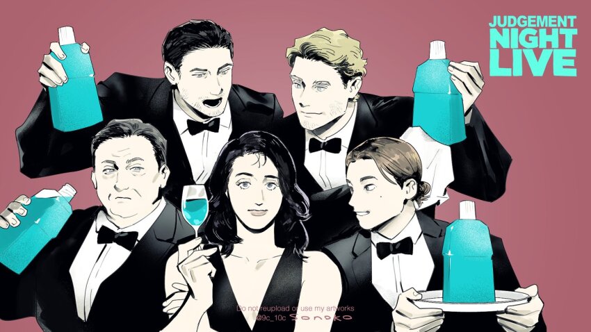 1girl 4boys alternate_costume anya_(mouthwashing) black_bow black_bowtie black_dress black_hair black_jacket black_suit blonde_hair bottle bow bowtie brown_hair curly_(mouthwashing) curly_(pre-crash)_(mouthwashing) daisuke_(mouthwashing) dress dress_shirt everyone facial_hair formal_clothes frown glass grin hair_bun hair_slicked_back holding holding_bottle holding_tray jacket jimmy_(mouthwashing) looking_at_another looking_at_viewer lower_teeth_only male_focus medium_hair mouthwash mouthwashing multiple_boys old old_man open_mouth red_background shirt short_hair simple_background smile stubble suit swansea_(mouthwashing) teeth thus000 tray twitter_username white_shirt