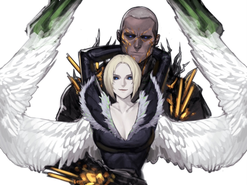 1boy 1girl arms_around_neck arms_around_waist benedikta_harman bilingual_commentary black_jumpsuit blonde_hair blue_eyes bob_cut breasts buzz_cut cheekbones cleavage closed_mouth collarbone cracked_skin dark-skinned_male dark_skin emo37337640 feather_collar feathered_wings final_fantasy final_fantasy_xvi fur_collar fur_trim garuda_(final_fantasy) glowing glowing_cracks glowing_eyes glowing_skin glowing_spikes green_wings grey_hair highres hugo_kupka jawbone jumpsuit large_breasts leather_jumpsuit linea_alba looking_at_viewer mismatched_eyebrows mixed-language_commentary narrow_waist no_eyebrows pale_skin partial_transformation pink_lips ribs rock_skin short_hair simple_background stone_hands straight-on titan_(final_fantasy) two-tone_wings upper_body very_short_hair white_wings wings