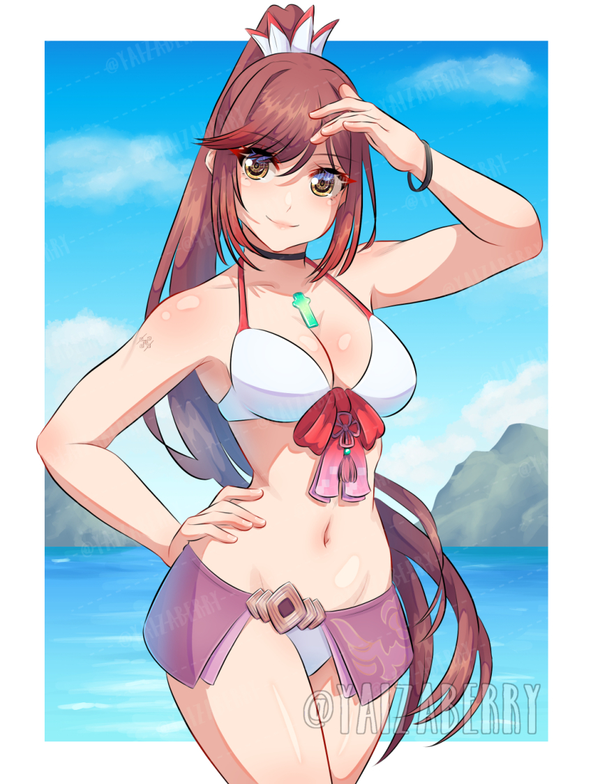 1girl bare_shoulders bikini border breasts brown_eyes brown_hair chest_jewel core_crystal_(xenoblade) cowboy_shot glimmer_(xenoblade) high_ponytail highres large_breasts long_hair navel ponytail solo swimsuit water white_bikini white_border xenoblade_chronicles_(series) xenoblade_chronicles_3 yaizaberry