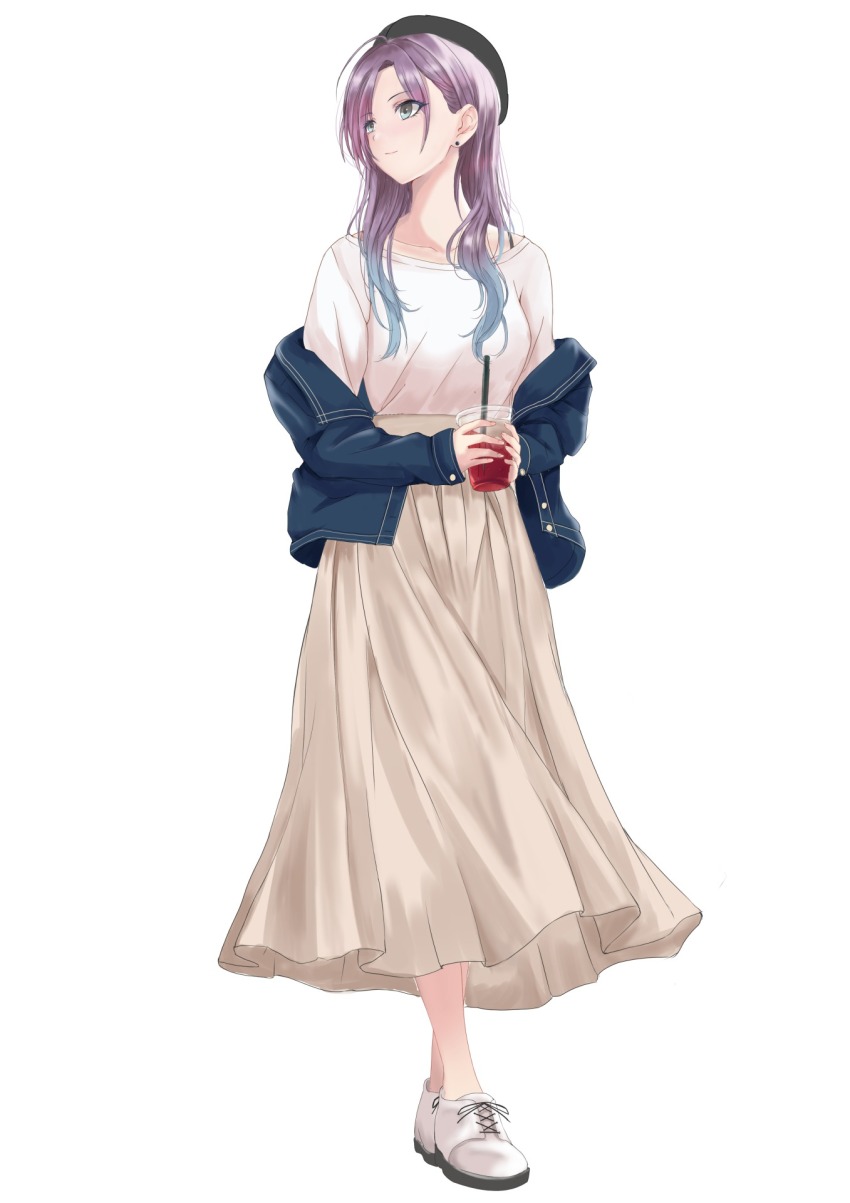 1girl alternate_hairstyle asakura_toru beret blue_eyes blue_jacket brown_skirt collarbone cup disposable_cup drink drinking_straw ear_piercing full_body hair_half_over_shoulder hat highres holding holding_drink idolmaster idolmaster_shiny_colors jacket long_hair long_skirt looking_to_the_side multicolored_hair nakonako piercing shirt shoes simple_background skirt solo two-tone_hair white_background white_shirt white_shoes