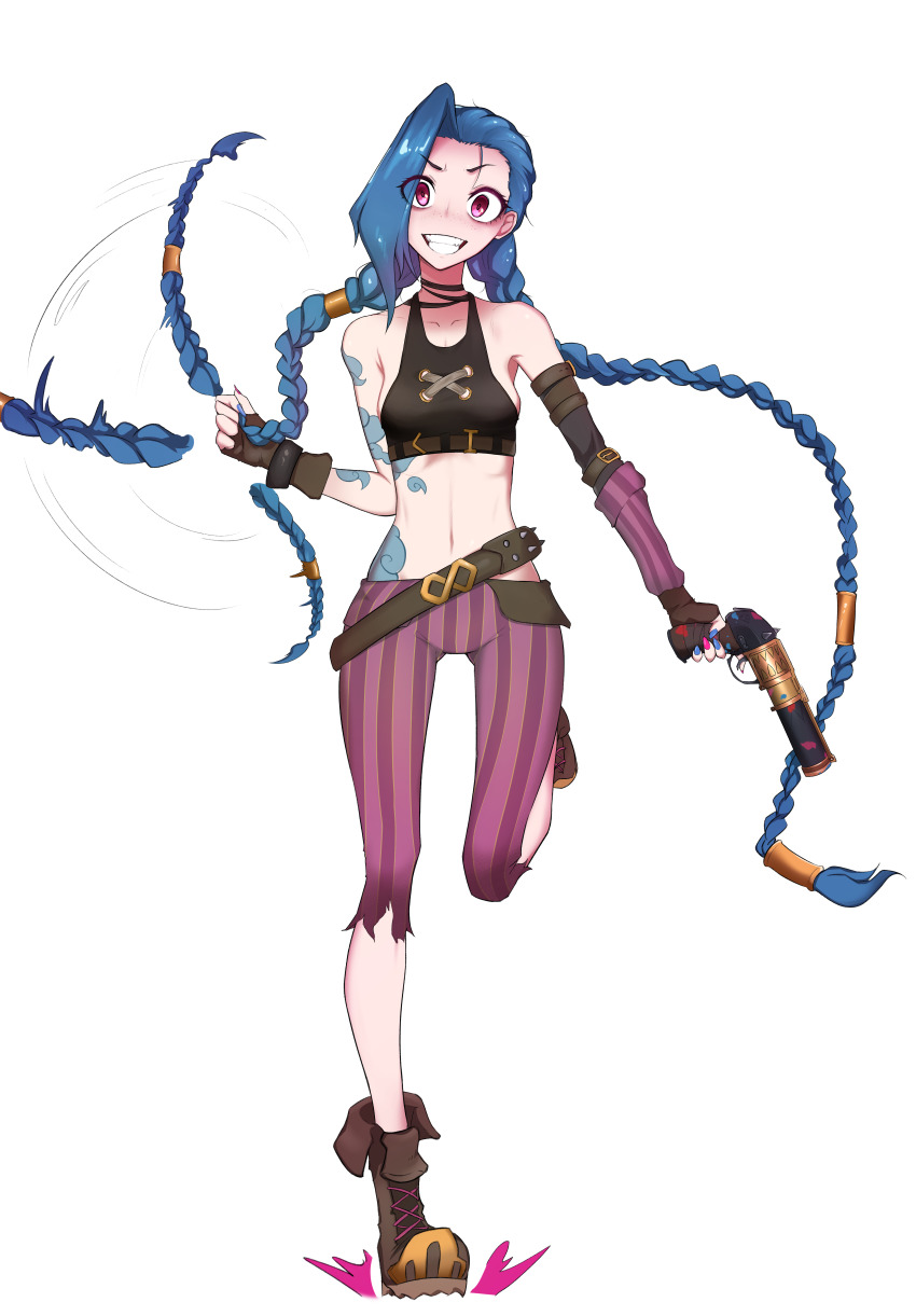 1girl absurdres arcane:_league_of_legends blue_hair boots braid gloves highres jinx_(league_of_legends) league_of_legends long_hair twin_braids twintails very_long_hair weapons