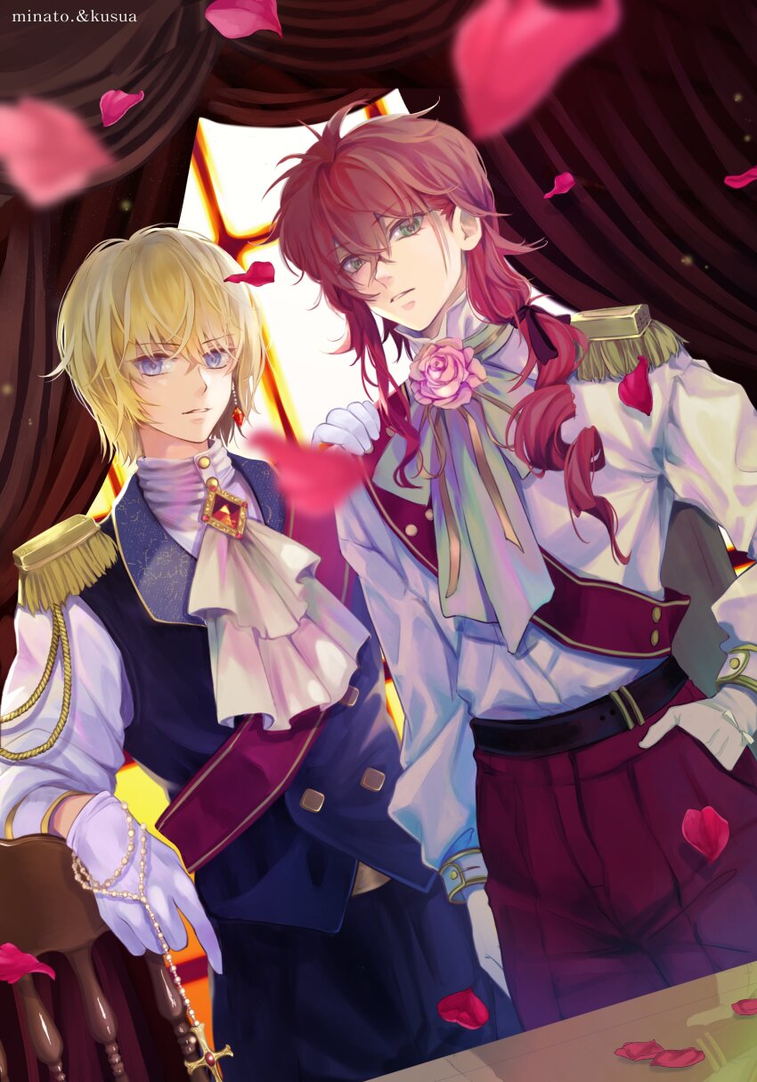2boys absurdres arm_at_side arm_rest ascot belt black_belt blonde_hair blue_eyes blue_pants blue_vest brooch buttons chair curtains diamond_button double-breasted drill_hair drill_ponytail earrings epaulettes expressionless falling_petals flower flower_brooch gem gloves green_eyes green_ribbon hair_behind_ear hair_between_eyes hair_ribbon hand_in_pocket hand_on_another&#039;s_shoulder highres holding holding_jewelry holding_necklace hunter_x_hunter indoors jewelry kurama_(yu_yu_hakusho) kurapika long_hair long_sleeves looking_at_viewer low_ponytail male_focus minato_x3710 multiple_boys muntins neck_ribbon necklace panties pants parted_lips petals pink_flower pink_rose ponytail red_gemstone red_hair red_panties ribbon rosary rose sash shirt shirt_tucked_in short_hair shoulder_sash single_sidelock smile table underwear vest white_ascot white_gloves white_shirt window yuu_yuu_hakusho