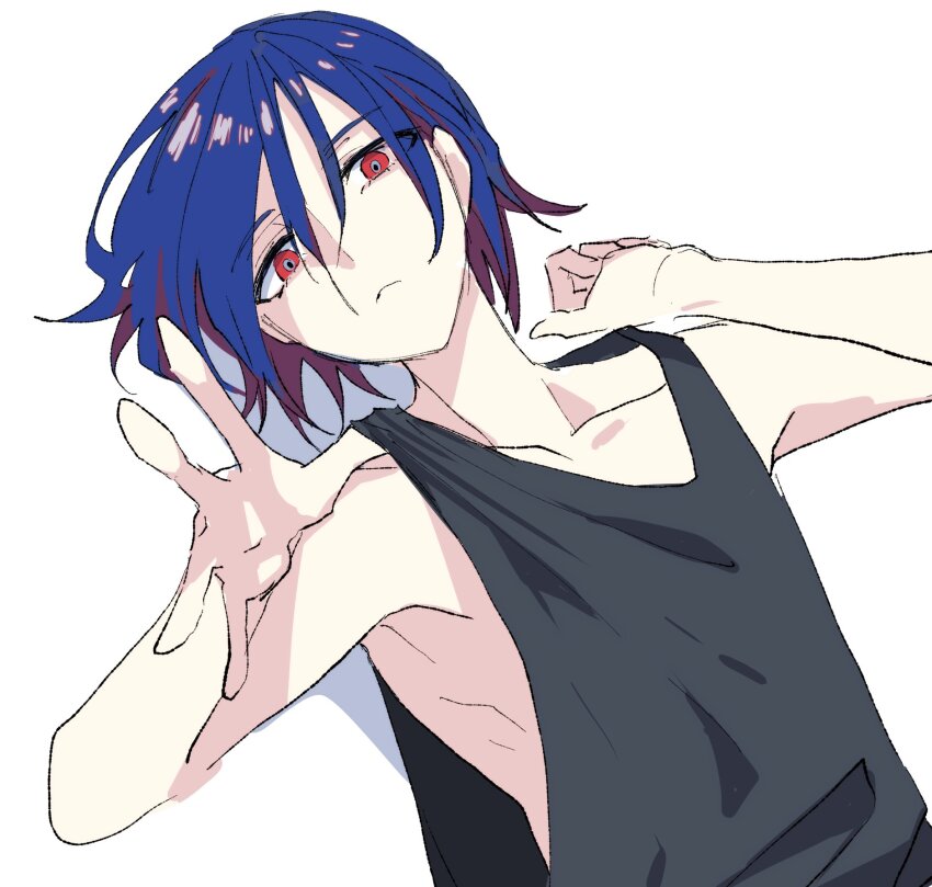 1boy blue_hair colored_inner_hair commentary_request gundam gundam_gquuuuuux highres ktaobi_trpg looking_at_viewer male_focus multicolored_hair purple_hair red_eyes short_hair shuji_ito simple_background sleeveless solo tank_top two-tone_hair upper_body white_background