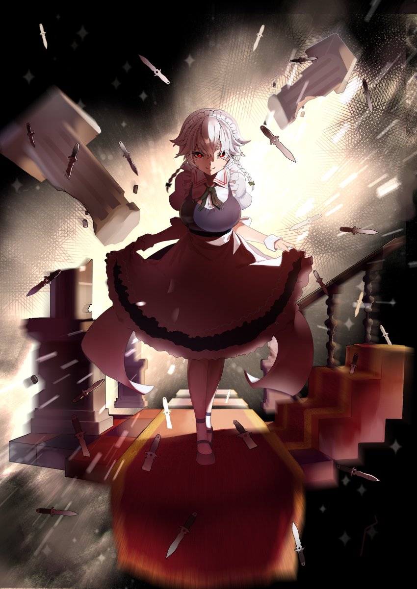 1girl absurdres apron blouse blue_dress blurry bow bowing braid breasts broken carpet check_commentary closed_mouth collared_shirt column commentary_request crossed_legs curtsey danmaku dark dress flipped_hair full_body green_bow green_ribbon hair_bow headdress highres hiragi_sage incoming_attack indoors izayoi_sakuya knife large_breasts light looking_at_viewer maid maid_apron maid_headdress motion_blur neck_ribbon pillar planted planted_knife planted_weapon puffy_short_sleeves puffy_sleeves red_carpet red_eyes ribbon sash shaded_face shadow shirt short_hair short_sleeves silver_hair skirt_hold smile solo stairs tile_floor tiles touhou twin_braids waist_apron watson_cross weapon white_apron white_sash white_shirt