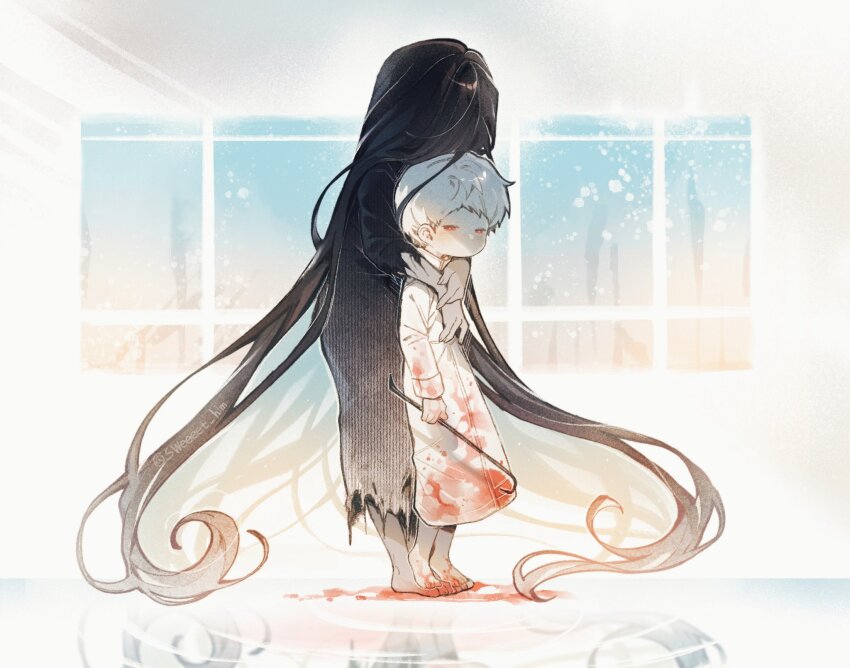 1boy 1girl black_hair black_kimono blood blood_on_clothes blood_on_ground blood_on_hands commentary crowbar english_commentary full_body heroine_(homicipher) highres holding holding_crowbar homicipher hug hug_from_behind japanese_clothes kimono long_hair mr._crawling raincoat red_eyes ripples short_hair standing sweeeet_him very_long_hair white_hair white_raincoat window