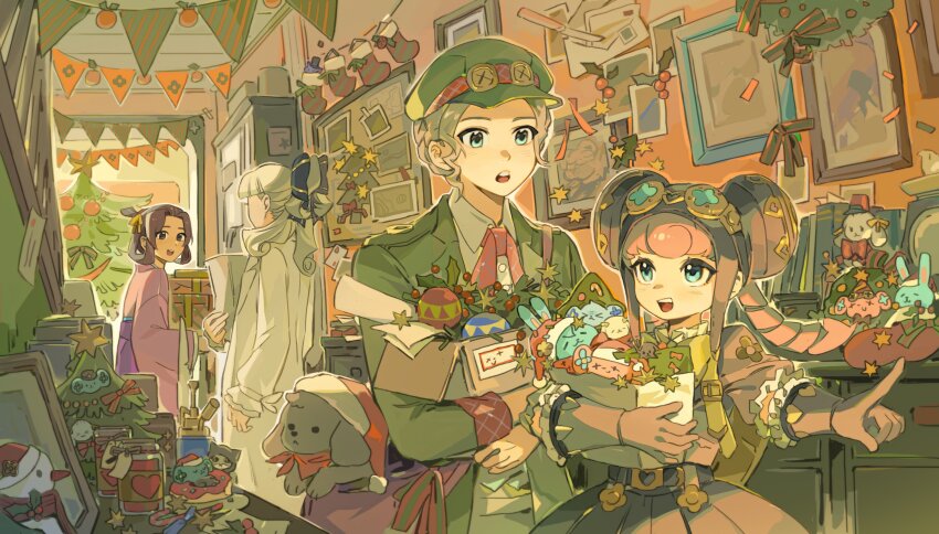 4girls :d :o absurdres ace_attorney aqua_eyes belt black_belt black_bow black_gloves black_hair blonde_hair book bow bow-shaped_hair box brown_eyes bubble_skirt buttons cabinet character_doll child christmas_stocking christmas_tree collar dog dress drill_hair frilled_collar frilled_gloves frilled_sleeves frills gift gina_lestrade gloves goggles goggles_on_headwear green_hat green_jacket hair_bow hair_rings hallway hat heart highres holding holding_box holding_gift indoors iris_wilson jacket japanese_clothes jar kimono lab_coat long_hair long_sleeves looking_at_another maria_gorey mikyo_u mistletoe multiple_girls open_clothes open_jacket open_mouth pants picture_frame pink_hair pink_kimono plaid_ribbon pointing puffy_short_sleeves puffy_sleeves ribbon santa_hat shirt short_hair short_sleeves skirt smile strapless strapless_dress susato_mikotoba teeth the_great_ace_attorney the_great_ace_attorney_2:_resolve toby_(ace_attorney) toy twintails upper_teeth_only very_short_hair white_pants white_shirt wing_collar