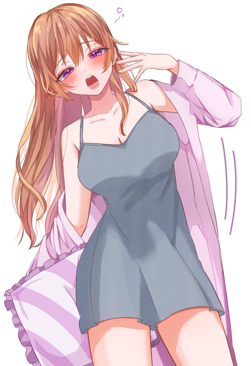1girl bare_shoulders blush breasts camisole cleavage collarbone frilled_pillow frills grey_camisole hair_between_eyes highres jacket konoe_kanata large_breasts leaning_to_the_side long_hair long_sleeves looking_at_viewer love_live! love_live!_nijigasaki_high_school_idol_club open_clothes open_jacket open_mouth orange_hair osora_dao pillow purple_eyes purple_jacket sidelocks sleepy solo upper_body white_background