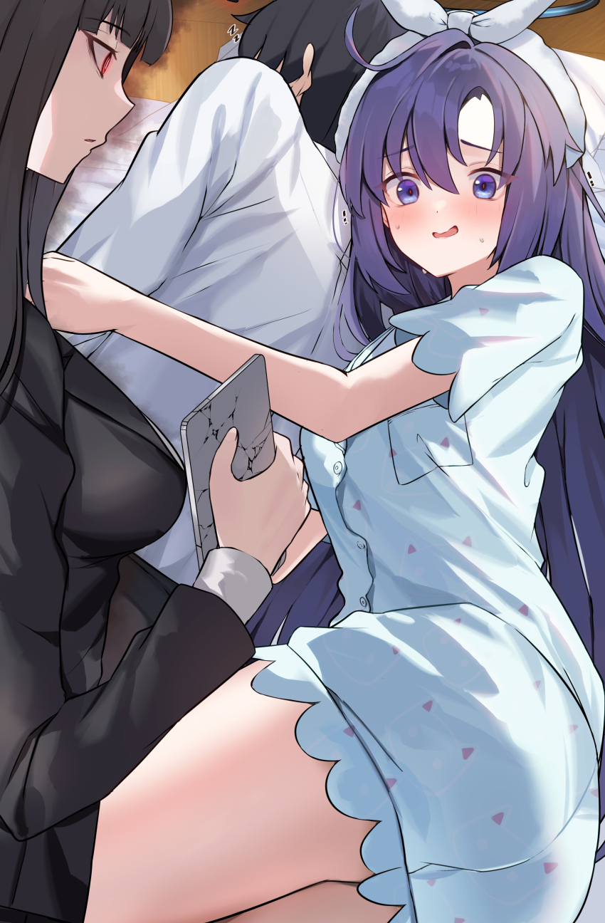 1boy 2girls :d absurdres ass black_hair blazer blue_archive blush breasts broken_phone commentary halo hetero highres holding holding_phone hug jacket large_breasts long_hair love_triangle lying mi_taro333 multiple_girls on_side open_mouth pajamas phone purple_eyes purple_hair red_eyes rio_(blue_archive) sensei_(blue_archive) sleeping smile sweat yuuka_(blue_archive) zzz
