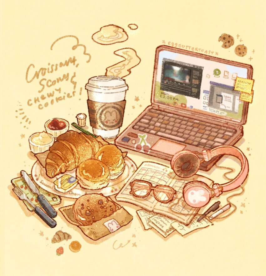 animal_print book cable calendar_(object) cherry chocolate_chip_cookie commentary computer cookie creamer_packet croissant cup disposable_coffee_cup disposable_cup english_commentary english_text food food_focus food_wrapper fork fruit headphones highres jam knife laptop marker nao_(bestrollever) napkin no_humans object_focus open_book original pen plate print_headphones rabbit_print scone simple_background sparkle star_(symbol) steam sticky_note yellow_background