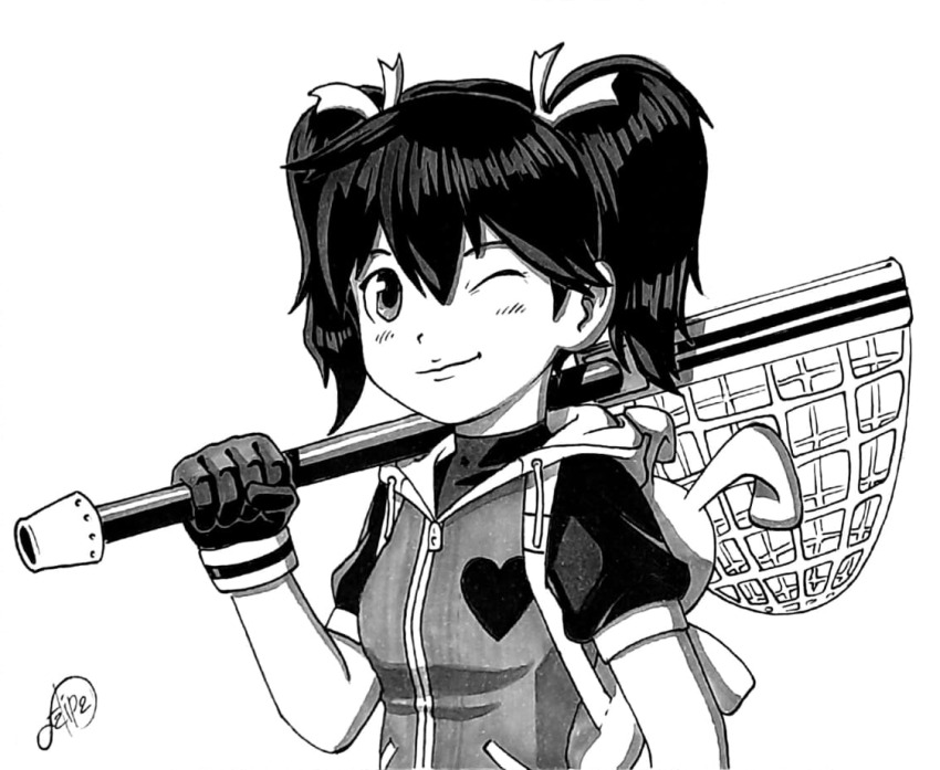 1girl arm_up artist_name backpack bag breasts gloves heart jacket looking_at_viewer medium_breasts monochrome net one_eye_closed saru_getchu sayaka_(saru_getchu) smile solo sony traditional_media twintails wink