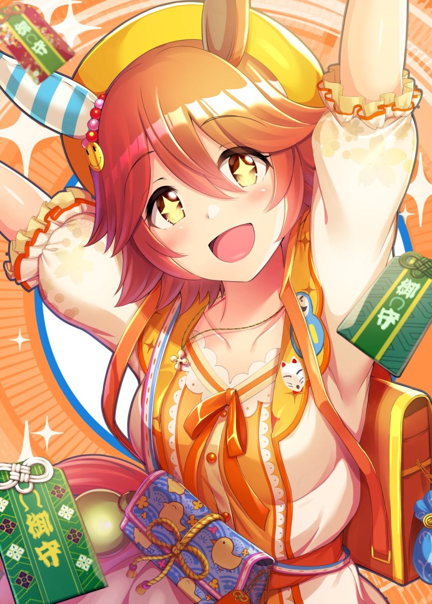 animal_ears arms_up bag blush breasts brown_hair collarbone commentary_request dress frills hair_between_eyes hat highres horse_ears horse_girl jewelry looking_back matikanefukukitaru_(good_omen_first_storm)_(umamusume) matikanefukukitaru_(umamusume) medium_breasts ment necklace omamori open_mouth orange_background orange_ribbon puffy_short_sleeves puffy_sleeves ribbon short_hair short_sleeves smile solo sparkle_background sparkling_eyes umamusume upper_body yellow_eyes yellow_hat