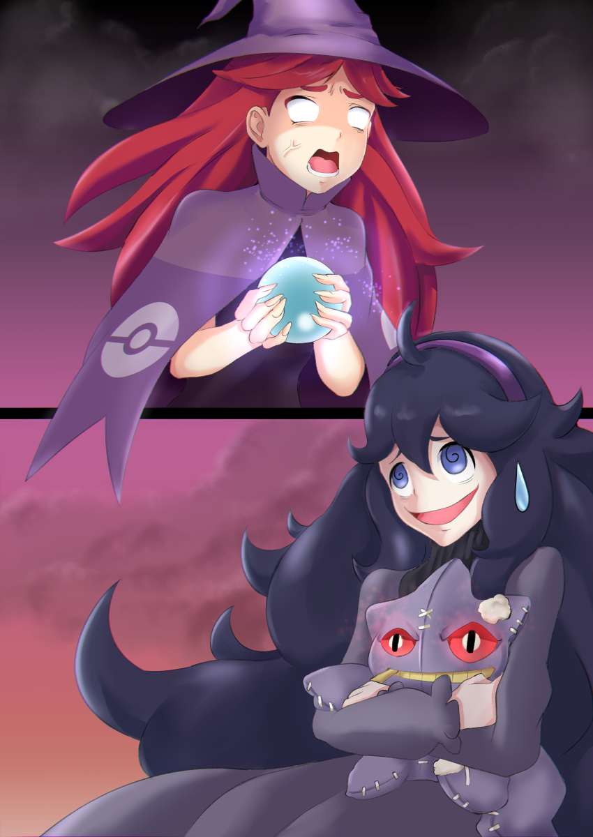 2girls absurdres banette black_dress blank_eyes commentary crystal_ball dress english_commentary fingernails gen_3_pokemon hairband hat hex_maniac_(pokemon) hex_maniac_(pokemon_rse) hex_maniac_(pokemon_xy) highres holding holding_toy kasey_n._moore meme multiple_girls nintendo open_mouth pokemon pokemon_rse pokemon_xy purple_hair red_hair smile stuffed_animal stuffed_toy sweatdrop textless_version toy veins witch_hat