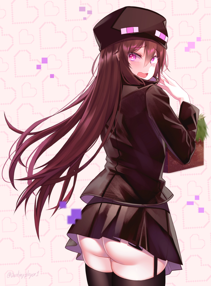1girl ander_(at2.) ass at2. black_skirt black_thighhighs blush borrowed_character brown_hair destinyplayer1 embarrassed enderman from_behind garter_straps highres long_hair long_sleeves looking_at_viewer minecraft mob_talker open_mouth personification pleated_skirt purple_eyes skirt solo thighhighs
