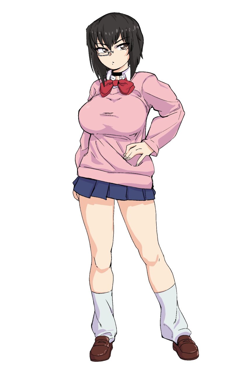 1girl arm_at_side ayase_momo ayase_momo_(cosplay) black_hair blue_skirt breasts brown_eyes brown_shoes choker collared_shirt commentary contrapposto cosplay dandadan girls_und_panzer hair_between_eyes hand_in_own_hair highres huaronanago kami_high_school_uniform kawashima_momo large_breasts loafers looking_at_viewer looking_to_the_side loose_socks medium_hair monocle name_connection pink_sweater pleated_skirt school_uniform shirt shoes simple_background skirt socks solo sweater thighs white_background white_shirt white_socks