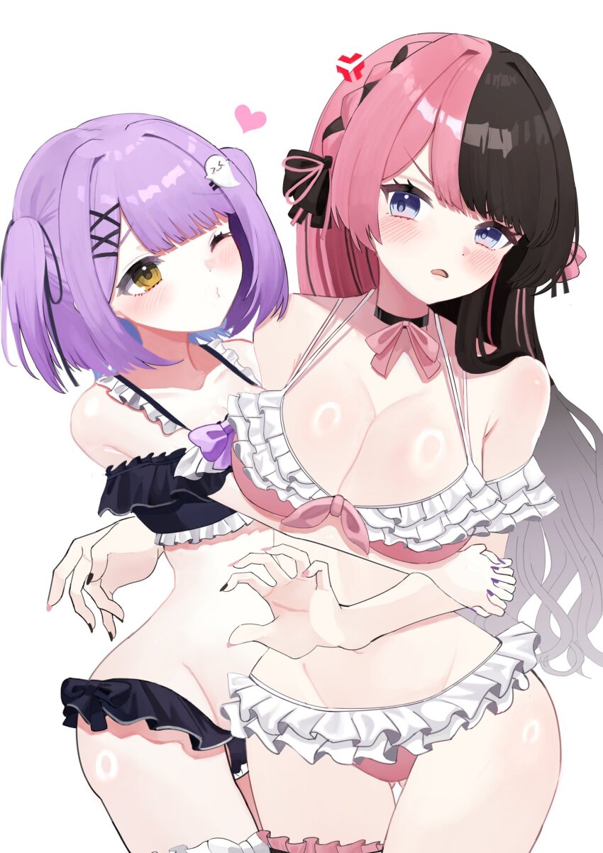 2girls ;o anger_vein annoyed bikini black_bikini black_bow black_choker black_nails black_ribbon blue_eyes blue_hair blunt_bangs blush bow bow_bikini bowtie braid breasts choker colored_inner_hair frilled_bikini frilled_tankini frilled_thigh_strap frills front-tie_bikini_top front-tie_top ghost_hair_ornament hair_bow hair_ornament hair_ribbon heart highres hug large_breasts long_hair looking_at_another lowleg lowleg_bikini multi-strapped_bikini_top multicolored_hair multicolored_nails multiple_girls navel off-shoulder_bikini off_shoulder one_eye_closed open_mouth pink_bikini pink_bow pink_hair pink_nails pink_ribbon puckered_lips purple_bow purple_hair purple_nails ribbon ribbon-trimmed_bikini ribbon_trim shinomiya_runa shinomiya_runa_(summer_c102) short_hair side_braids simple_background split-color_hair swept_bangs swimsuit tachibana_hinano tachibana_hinano_(summer_c102) thigh_strap two-tone_hair two-tone_nails two_side_up very_long_hair virtual_youtuber vspo! white_background white_bikini x_hair_ornament yellow_eyes yofo