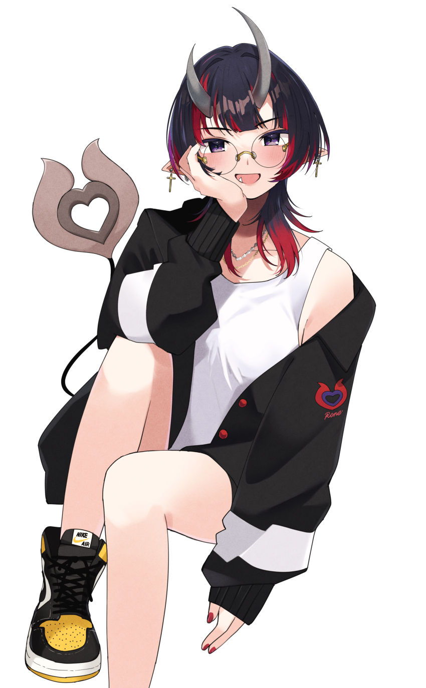 1girl :d absurdres alternate_costume black_hair black_jacket black_shoes blunt_bangs blush breasts demon_girl demon_horns demon_tail foot_out_of_frame glasses grey-framed_eyewear grey_horns hand_on_own_cheek hand_on_own_face highres horns jacket jewelry long_sleeves looking_at_viewer medium_hair multicolored_hair nanashi_inc. necklace open_mouth pointy_ears purple_eyes red_hair round_eyewear ryugasaki_rene shoes simple_background sitting smile sneakers solo tail tank_top two-tone_hair virtual_youtuber white_background white_tank_top wolf_cut zono_(inokura_syuzo029)