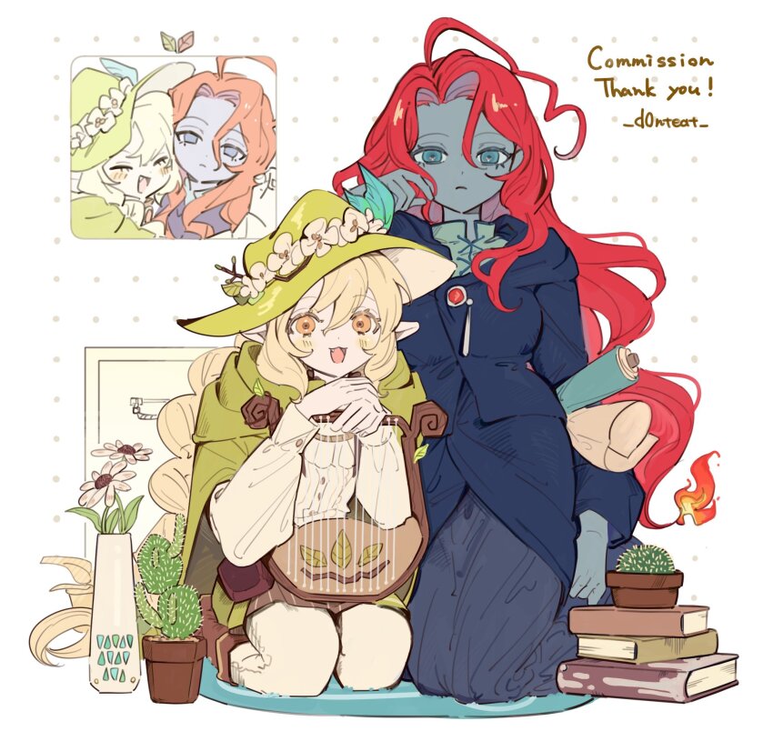 2girls blonde_hair blue_eyes book book_stack cactus cape closed_eyes closed_mouth colored_skin commission english_text fiery_hair flower_pot full_body green_cape green_hair grey_skin half-closed_eyes harp highres instrument long_hair looking_at_viewer medium_hair morning_(d0nteat) multiple_girls multiple_views orange_eyes original pointy_ears red_hair shirt skeb_commission white_shirt