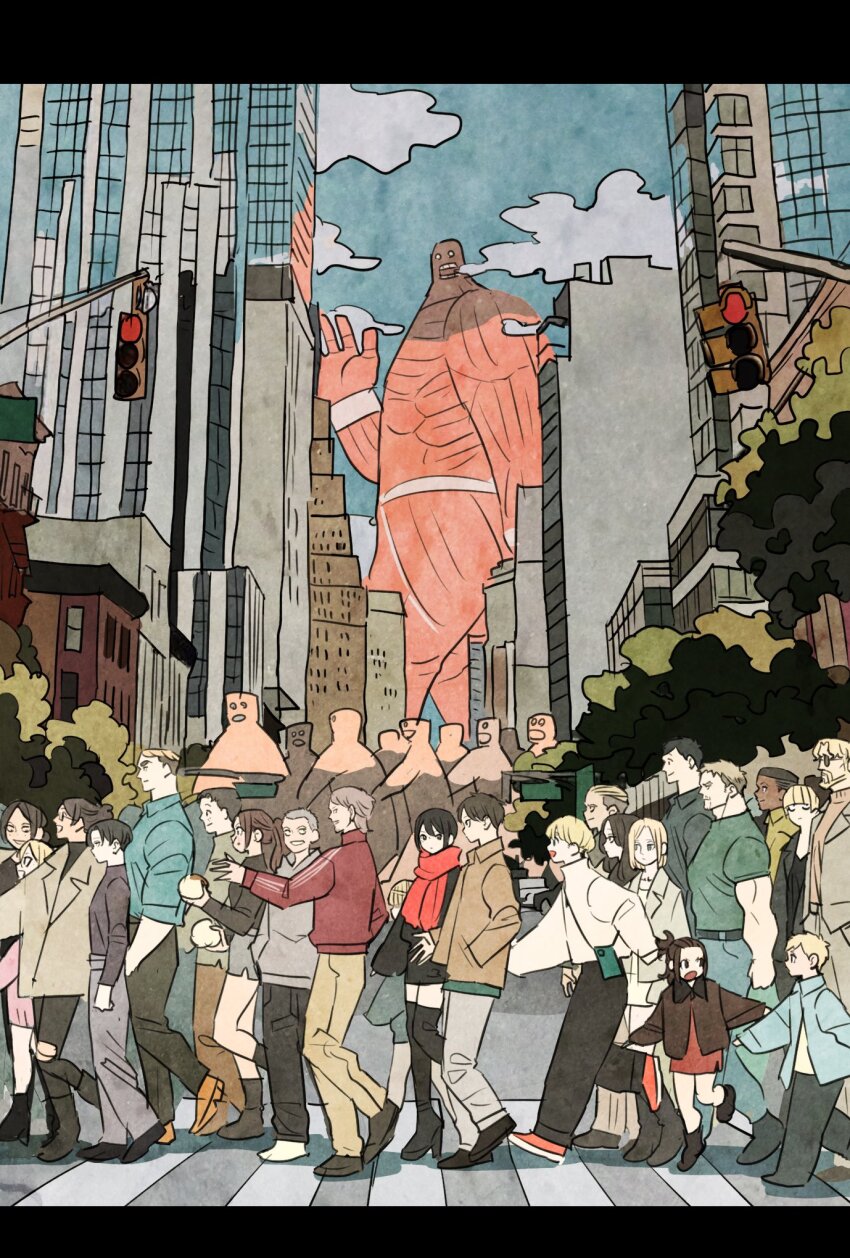 6+boys 6+girls annie_leonhart armin_arlert bertolt_hoover blonde_hair brown_hair building casual krista_lenz city cloud colossal_titan connie_springer contemporary crosswalk eren_yeager erwin_smith falco_grice from_side full_body gabi_braun hange_zoe height_difference highres jean_kirstein looking_ahead mikasa_ackerman multiple_boys multiple_girls onyankopon_(shingeki_no_kyojin) open_mouth pieck_finger porco_galliard reiner_braun road sasha_blouse shingeki_no_kyojin shirt short_hair sky skyscraper smile street takeuchi_ryousuke titan_(generic)_(shingeki_no_kyojin) titan_(shingeki_no_kyojin) traffic_light walking yelena_(shingeki_no_kyojin) ymir_(shingeki_no_kyojin) zeke_yeager