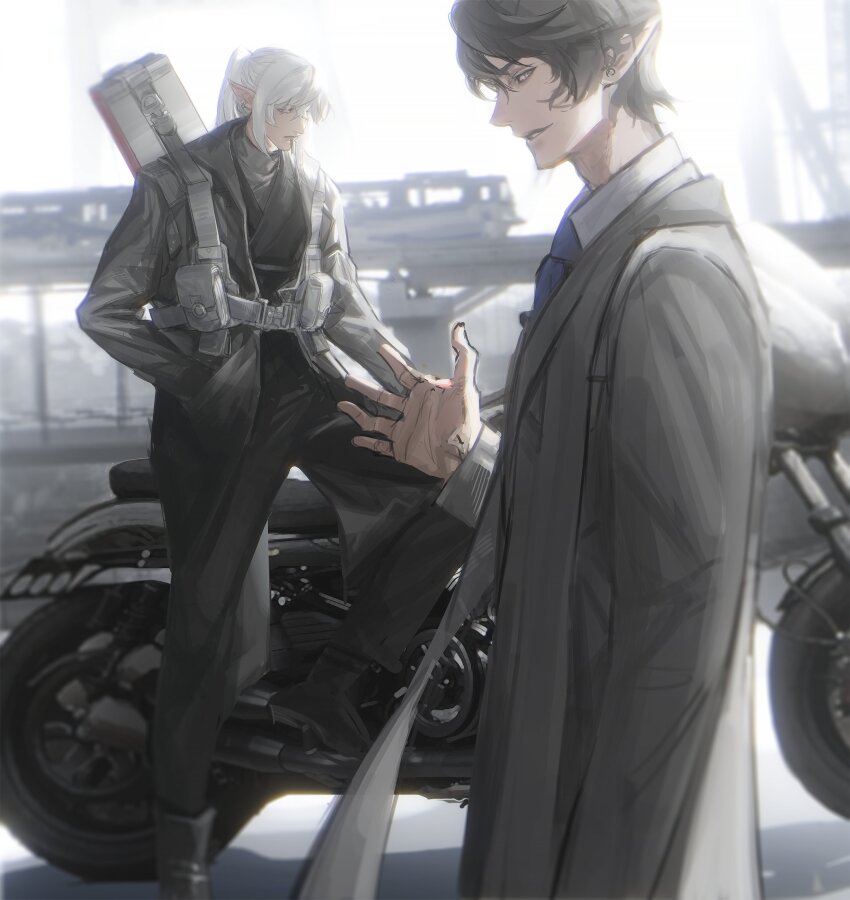 2boys absurdres arm_up aymeric_de_borel black_boots black_coat black_hair black_jacket black_pants blue_eyes blue_necktie boots chest_harness coat collared_shirt contemporary elezen elf estinien_varlineau final_fantasy final_fantasy_xiv hand_in_pocket harness highres jacket leg_up long_hair long_pointy_ears long_sleeves looking_to_the_side male_focus melvinfeat motor_vehicle motorcycle multiple_boys necktie outdoors pants parted_lips pointy_ears ponytail pouch shirt shoes short_hair sideways_glance smile standing white_hair white_shirt wing_collar