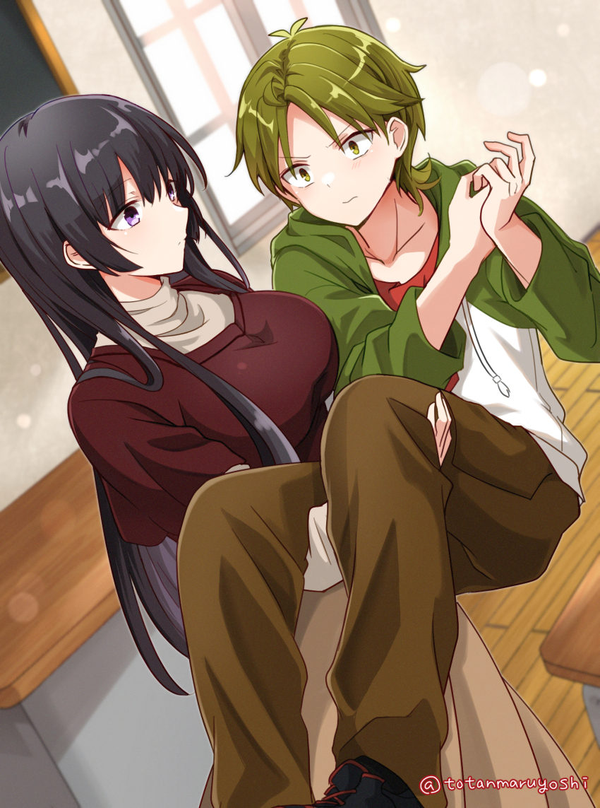 1boy 1girl antenna_hair black_hair brown_pants carrying enkichi_totan expressionless green_eyes green_hair highres hime_cut hood hoodie killer_in_the_mirror kuudere long_hair long_skirt pants princess_carry purple_eyes red_shirt shirt shitakiri_nodoka shitakiri_souga short_hair short_male siblings skirt sweater tall_female tall_female_short_male taller_female turtleneck turtleneck_sweater v-shaped_eyebrows