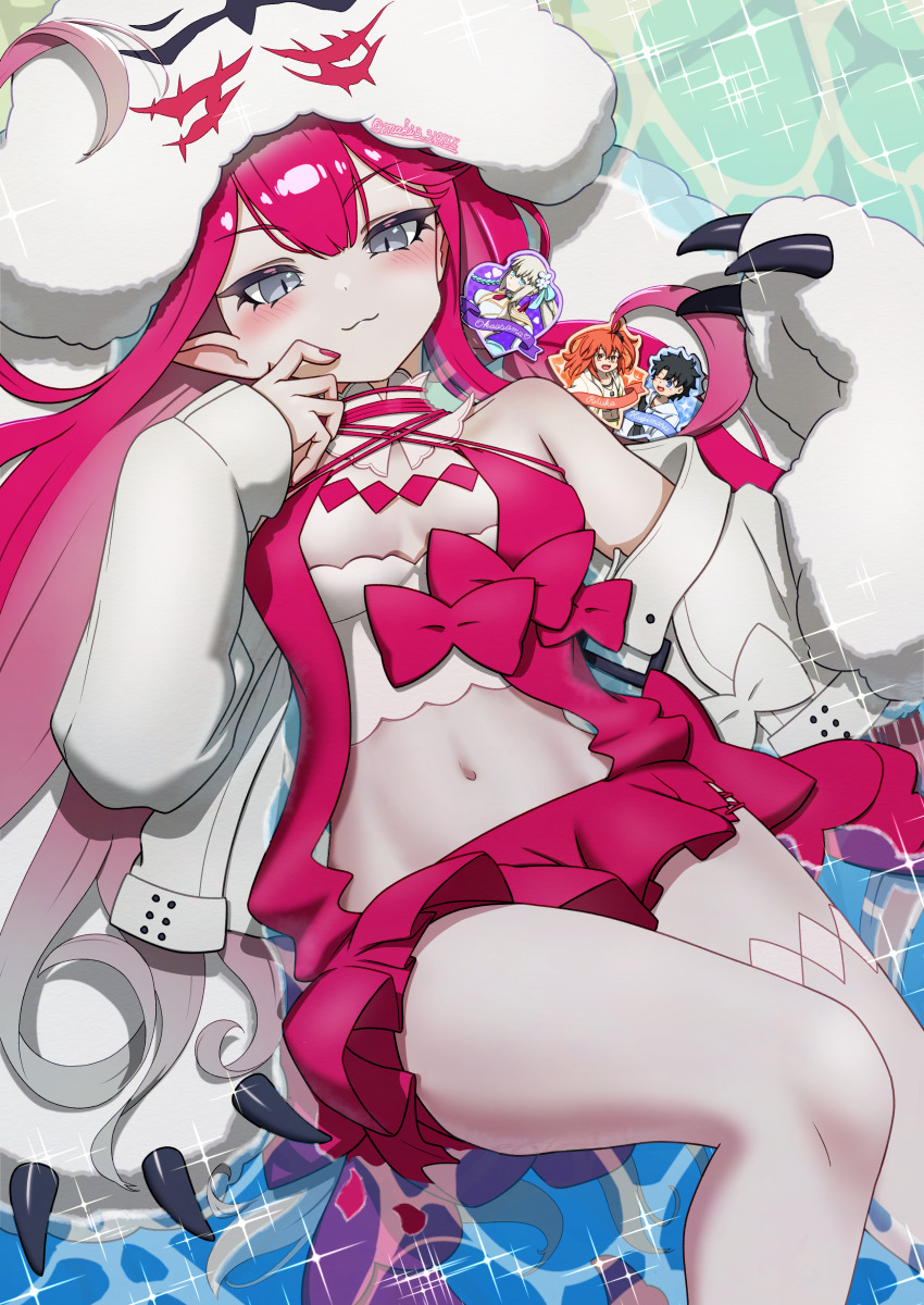 1girl :3 absurdres baobhan_sith_(fate) baobhan_sith_(swimsuit_pretender)_(fate) baobhan_sith_(swimsuit_pretender)_(first_ascension)_(fate) bare_shoulders blush breasts cernunnos_(fate) character_hood detached_collar fate/grand_order fate_(series) fujimaru_ritsuka_(female) fujimaru_ritsuka_(female)_(summer_street) fujimaru_ritsuka_(male) fujimaru_ritsuka_(male)_(summer_street) hand_up headwear_with_attached_mittens highres jacket long_hair looking_at_viewer maki319144 microskirt morgan_le_fay_(fate) morgan_le_fay_(water_princess)_(fate) navel pink_hair pink_nails pointy_ears red_skirt sidelocks skirt smug solo sticker thighs white_jacket