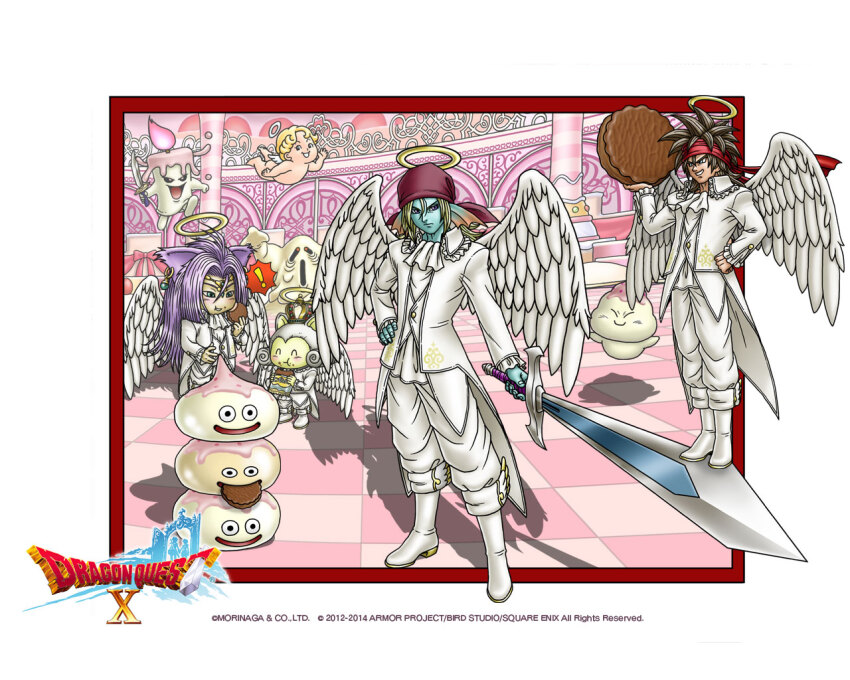 ! 4boys animal_ears aqua_skin artist_request ascot bandana blonde_hair blue_eyes boots border brown_hair candy cherub chocolate chocolate_bar coattails colored_skin cookie copyright_logo creature_request crown dragon_quest dragon_quest_x earrings eating fake_halo fake_wings fins fish_boy food formal_clothes foster_(dq10) grin halo hand_on_own_hip head_fins headband holding holding_food holding_knife holding_sword holding_weapon hyuuza_(dq10) jewelry knife long_hair male_focus multiple_boys official_art official_wallpaper pants prince_laguas purple_eyes purple_hair red_bandana red_headband slime_(dragon_quest) smile sphere_earrings spiked_hair standing_on_sword suit sword third-party_source wax_murderer weapon white_ascot white_border white_footwear white_hair white_pants white_suit white_wings wings yellow_halo yellow_skin zankurone