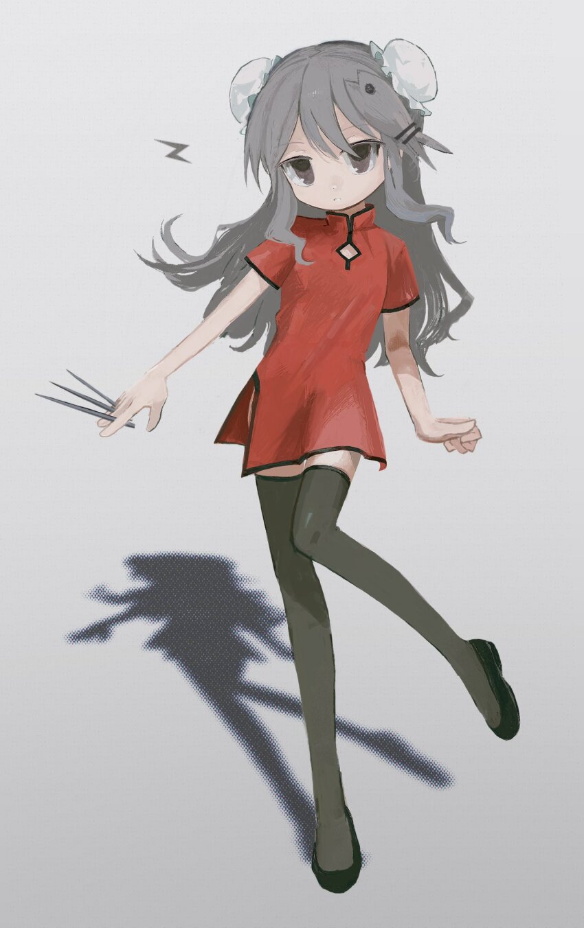 1girl agoshi_sakina between_fingers black_footwear black_thighhighs brown_eyes bun_cover china_dress chinese_clothes cleavage_cutout closed_mouth clothing_cutout double_bun dress expressionless fish_hair_ornament flats floating_hair full_body grey_background grey_hair hair_bun hair_ornament high_collar highres hitonatz holding holding_needle lightning_bolt_symbol long_hair looking_at_viewer needle null-meta official_alternate_costume red_dress shadow short_dress short_sleeves side_slit sidelocks simple_background solo standing standing_on_one_leg thighhighs