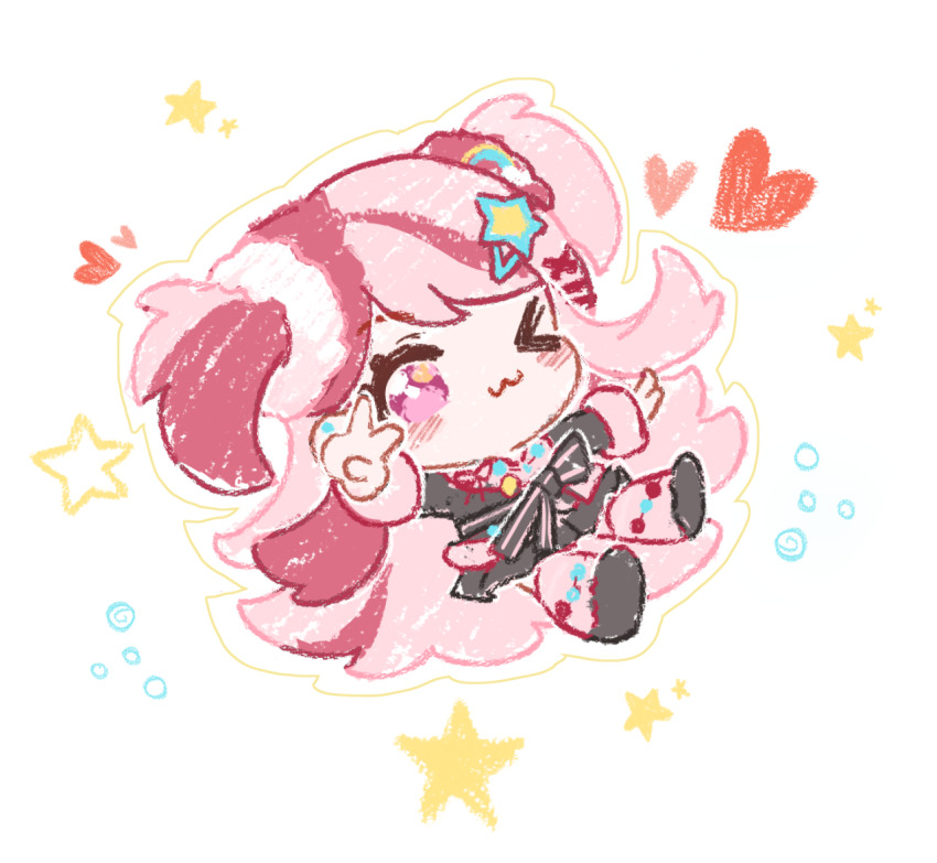 &gt;_o 1girl ;3 anklet bead_anklet bead_necklace beads black_bow black_jacket black_shoes black_skirt bow bubble cat_princess chibi chinese_commentary closed_mouth commentary_request fur-trimmed_sleeves fur_leg_warmers fur_trim gyaru hair_ornament hair_scrunchie hairclip happy heart infinity_nikki jacket jewelry leg_warmers light_blush long_hair long_sleeves miniskirt multicolored_hair necklace nikki_(series) one_eye_closed outline pink_eyes pink_hair pink_leg_warmers pink_scrunchie pleated_skirt rainbow_hair_ornament rosie_sweetheart_(infinity_nikki) scrunchie shoes skirt smile solo star_(symbol) star_hair_ornament streaked_hair striped_bow tareme transparent_background two-tone_hair two_side_up v very_long_hair waist_bow white_outline white_scrunchie x_hair_ornament y2k_fashion