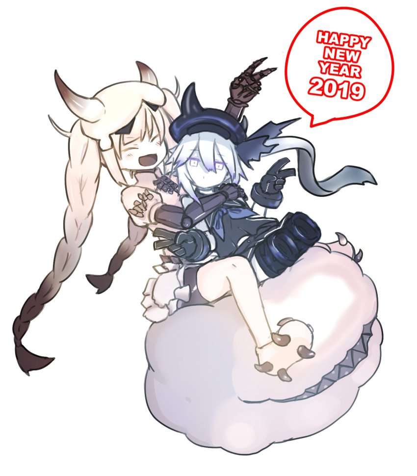 2019 2girls abyssal_nimbus_princess abyssal_ship amputee atsushi_(aaa-bbb) beret bike_shorts black_gloves black_serafuku blue_neckerchief braid carapace chestnut_mouth claws closed_eyes closed_mouth commentary_request destroyer_princess dress fang gloves gradient_hair hair_between_eyes happy_new_year hat highres horns hug hug_from_behind juliet_sleeves kantai_collection long_hair long_sleeves looking_at_viewer multicolored_hair multiple_girls neckerchief new_year puffy_sleeves school_uniform serafuku shoes shorts_under_dress side_ponytail simple_background sleeveless smile twin_braids twintails v white_background white_dress white_hair