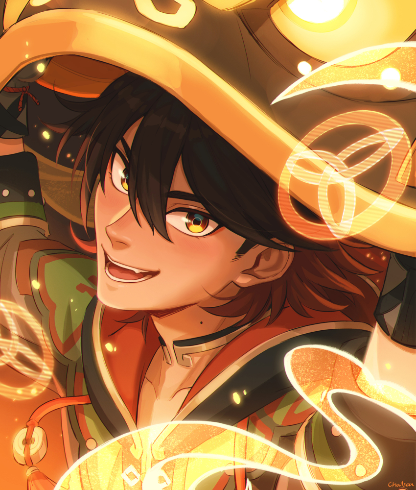 1boy brown_eyes brown_hair chalseu chinese_guardian_lion choker gaming_(genshin_impact) genshin_impact hair_between_eyes highres hood hooded_jacket jacket lion_dance long_sleeves looking_at_viewer male_focus mole mole_on_neck multicolored_hair open_mouth red_hair smile solo yellow_eyes