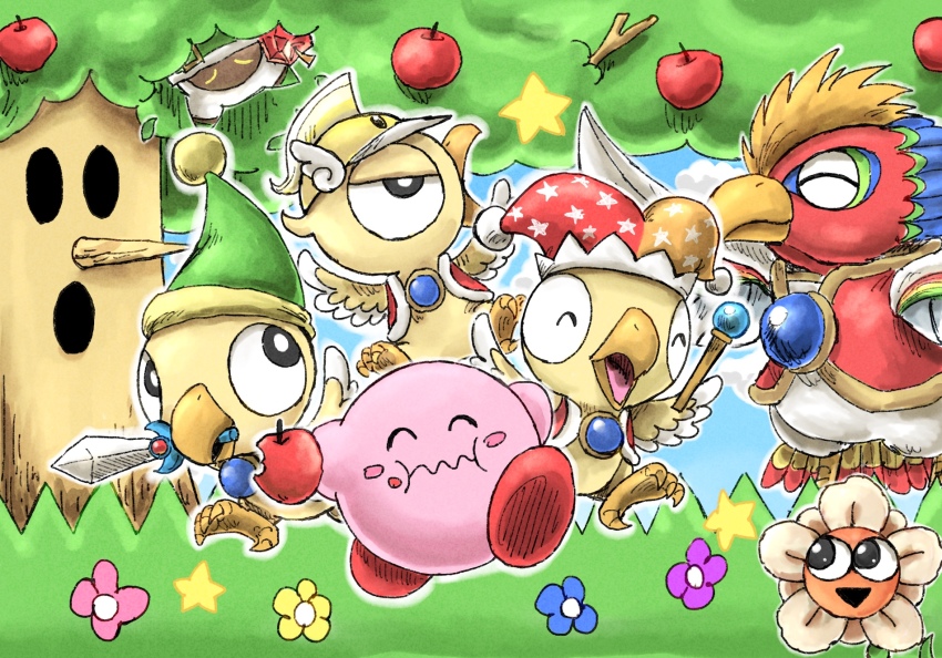 apple beam_kirby colored_skin cosplay cutter_kirby dyna_blade dyna_chick food fruit gem_apple highres holding holding_sword holding_weapon kicdon kirby kirby_(cosplay) kirby_(series) kirby_super_star lovely_(kirby) magolor mouth_hold nintendo no_humans pink_skin pom_pom_(clothes) solid_oval_eyes star_(symbol) super_kirby_clash sword sword_kirby team_kirby_clash_deluxe weapon whispy_woods