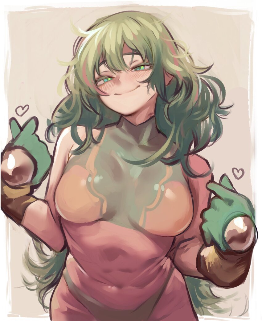 1girl absurdres blush boku_no_hero_academia breasts closed_mouth commentary english_commentary gloves green_eyes green_hair hagakure_toru heart highres large_breasts long_hair looking_at_viewer messy_hair navel official_alternate_costume pointing pointing_at_self seductive_gaze seductive_smile simple_background smile solo someone_(someone199912)