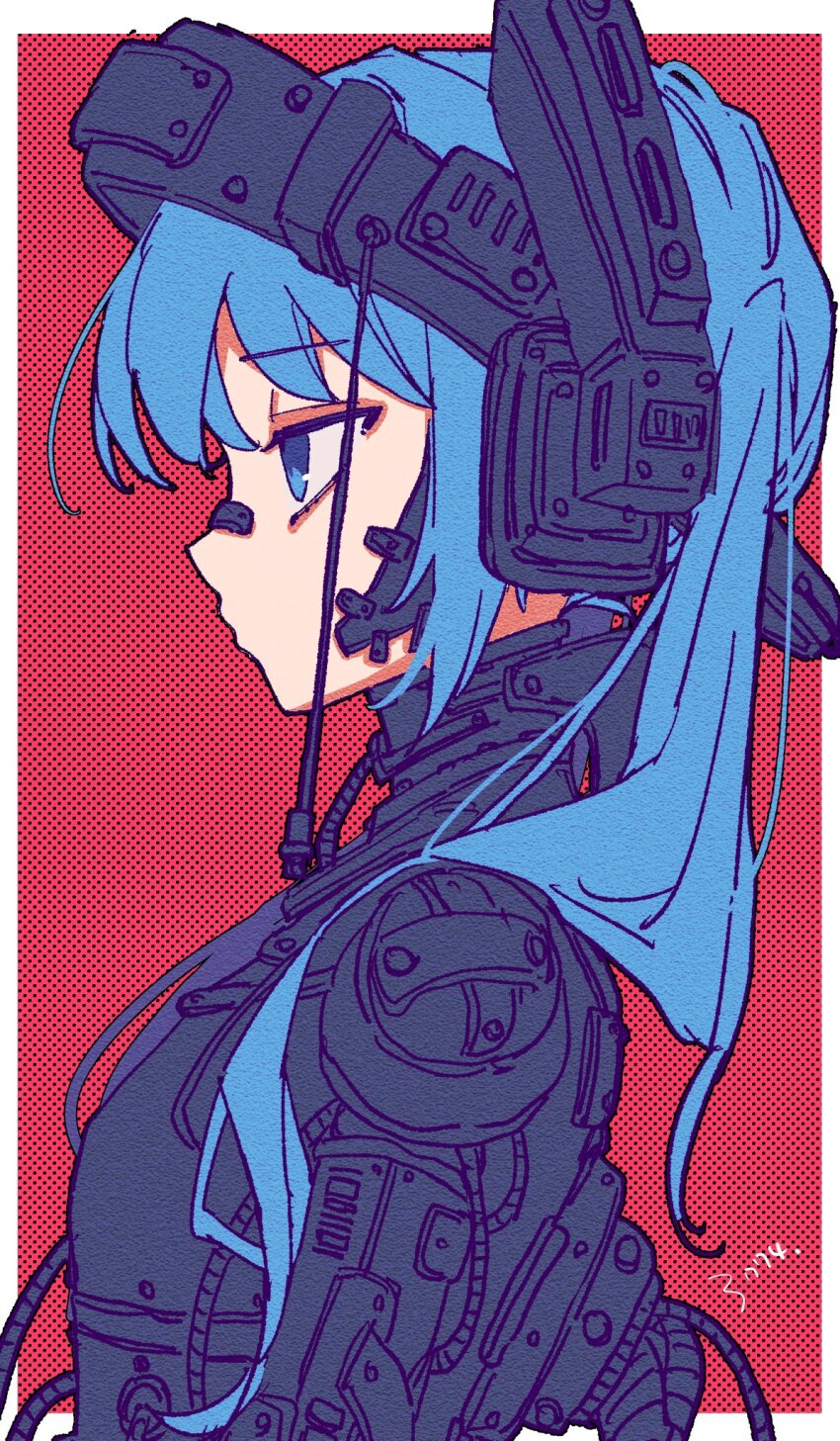 1girl 3774. arms_at_sides bandaid bandaid_on_face bandaid_on_nose biomechanical black_shirt blue_eyes blue_hair border cable canvas_texture cyborg expressionless hair_over_shoulder half-closed_eyes halftone halftone_background hatsune_miku headphones highres long_hair looking_ahead no_mouth outside_border pink_background profile shirt signature solo turtleneck twintails upper_body vocaloid white_border wire