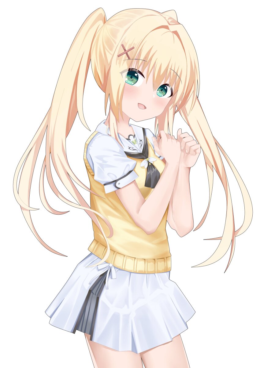 1girl :d absurdres ascot black_ascot blonde_hair blush clenched_hands commentary cowboy_shot eyes_visible_through_hair from_side green_eyes hair_between_eyes hair_intakes hair_ornament hands_up happy highres long_hair looking_at_viewer mamiya_yuki miniskirt open_mouth puffy_short_sleeves puffy_sleeves sailor_collar school_uniform serafuku short_sleeves sidelocks simple_background skirt smile solo summer_pockets sweater_vest tsumugi_wenders twintails very_long_hair white_background white_sailor_collar white_serafuku white_skirt x_hair_ornament yellow_sweater_vest