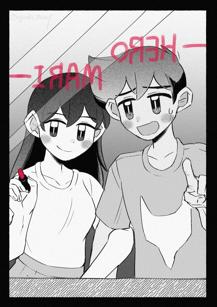 1boy 1girl blush closed_mouth greyscale hero_(faraway)_(omori) hero_(omori) highres holding holding_marker locked_arms long_hair looking_at_mirror mari_(faraway)_(omori) mari_(omori) marker mirror mirrored_text monochrome ogenki_shrimp omori open_mouth shirt short_hair short_sleeves smile spot_color sweatdrop t-shirt