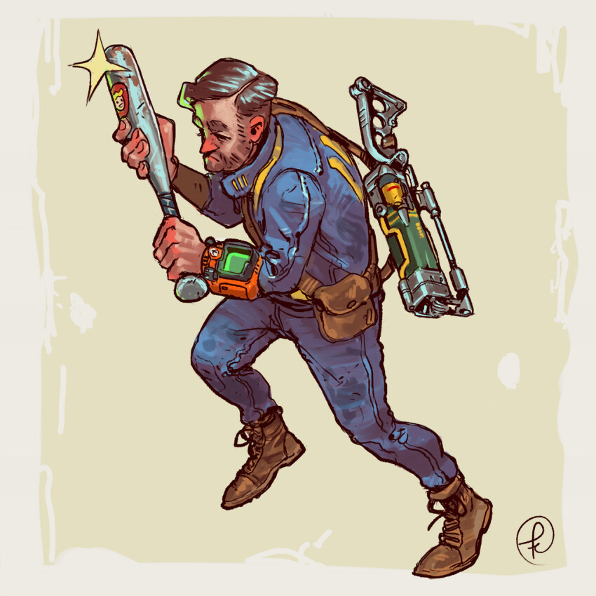 1boy baseball_bat beard blue_jumpsuit boots border brown_hair energy_gun facial_hair fallout fallout_4 fernando_correa gun gun_sling highres holding holding_baseball_bat jumpsuit laser_rifle pip_boy pouch rifle running signature sole_survivor_(male) solo sparkle vault_boy vault_suit weapon white_border