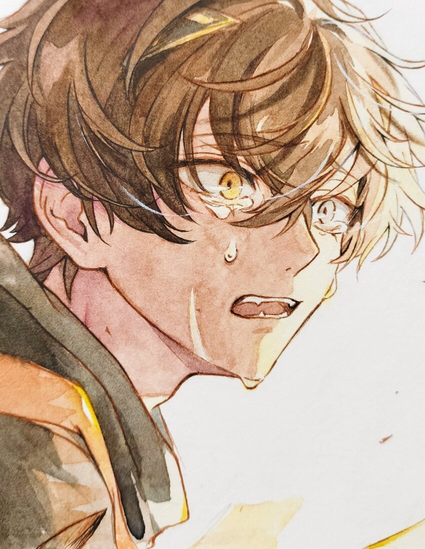 1boy alban_knox alban_knox_(1st_costume) black_jacket brown_hair commentary crossed_bangs crying crying_with_eyes_open english_commentary from_side hair_behind_ear highres jacket looking_ahead male_focus nijisanji nijisanji_en open_mouth short_hair solo tears teeth upper_body virtual_youtuber ywnwjp4fgos9njn