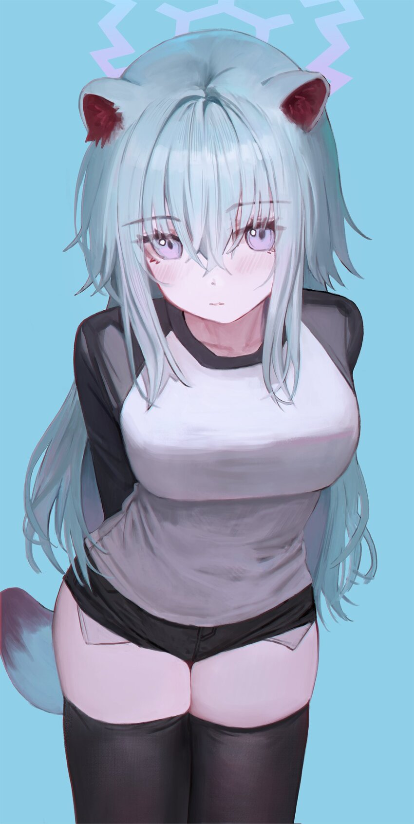 1girl animal_ears aqua_background aqua_hair arms_behind_back black_buruma black_thighhighs blue_archive breasts buruma closed_mouth fine_fabric_emphasis flippy_(cripine111) hair_between_eyes halo highres large_breasts leaning_forward long_hair looking_at_viewer shigure_(blue_archive) shirt short_hair simple_background solo standing tail thighhighs very_long_hair weasel_ears weasel_tail white_shirt