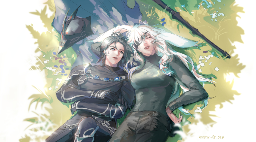 2girls androgynous animal_ears armor bib_bb_bib black_hair black_hat black_pants cape closed_eyes cowboy_shot ear_piercing eyepatch final_fantasy final_fantasy_xiv from_above gloves grass green_shirt grey_cape hat highres knee_up long_hair lying multiple_girls on_back on_grass one_eye_covered outdoors pants parted_lips pauldrons piercing rabbit_ears reaper_(final_fantasy) shirt short_hair shoulder_armor side-by-side single_pauldron tricorne unworn_hat unworn_headwear vambraces viera warrior_of_light_(ff14) white_hair yuri zero_(ff14)