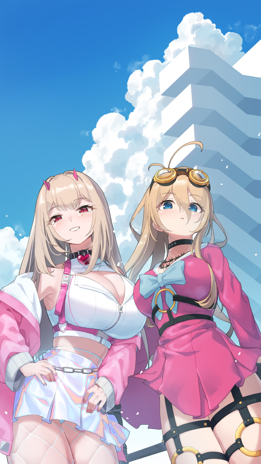 2girls absurdres ahoge antenna_hair arukiru barbed_wire bare_shoulders belt blonde_hair blue_bow blue_eyes blue_sky blush bow breasts choker cleavage cloud collar commentary commission crossover danganronpa_(series) danganronpa_v3:_killing_harmony eyelashes from_below goddess_of_victory:_nikke goggles goggles_on_head hair_between_eyes heart_collar heart_pendant highres holographic_clothing horns iridescent iruma_miu jacket large_breasts long_hair long_sleeves looking_at_viewer mole mole_under_eye multiple_girls o-ring o-ring_belt pink_eyes pink_horns pink_jacket pink_serafuku pink_shirt red_eyes reflective_clothes school_uniform serafuku shiny_skirt shirt skeb_commission skirt sky smile standing teeth thigh_belt thigh_strap thighs viper_(nikke)
