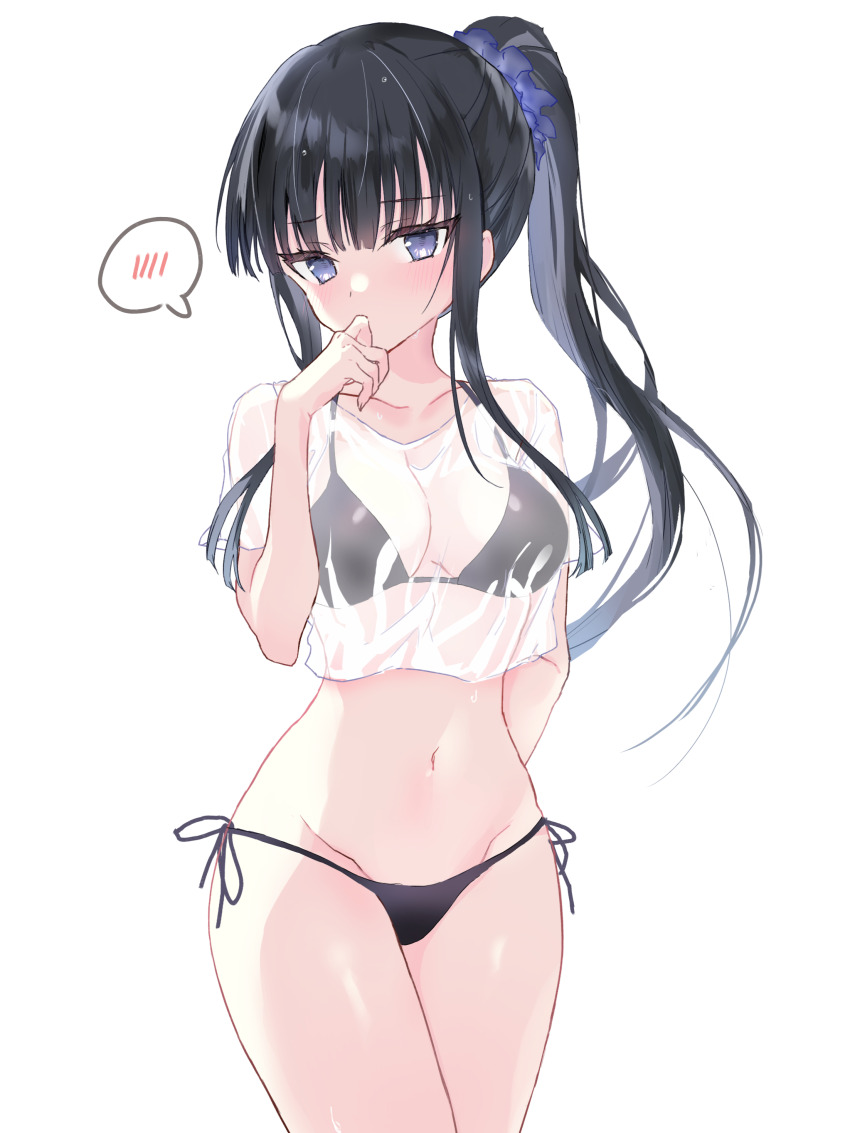 1girl absurdres alternate_costume arm_behind_back bikini black_bikini black_hair blue_eyes blue_scrunchie blunt_ends breasts choppy_bangs cleavage collarbone commentary covered_mouth cowboy_shot embarrassed frown hair_ornament hair_scrunchie hand_to_own_mouth hand_up highres konyo_satsuki light_blush long_hair looking_at_viewer medium_breasts navel ponytail scrunchie shirt side-tie_bikini_bottom sidelocks simple_background solo spoken_blush stomach swimsuit thighs touma_kazusa wet wet_clothes wet_shirt white_album_(series) white_album_2 white_background