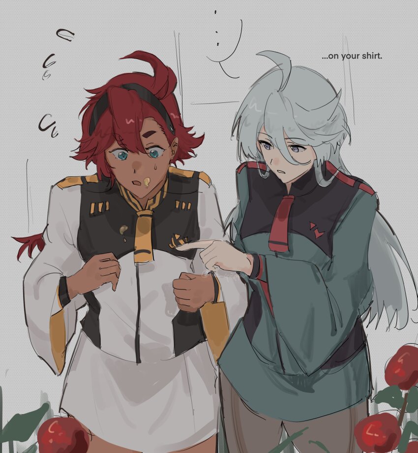 ... 2girls absurdres asticassia_school_uniform black_hairband blue_eyes commentary dark-skinned_female dark_skin english_commentary english_text flying_sweatdrops food_on_clothes green_jacket green_shorts grey_eyes grey_hair gundam gundam_suisei_no_majo hairband highres jacket long_hair low_ponytail miorine_rembran multiple_girls open_mouth ponytail red_hair school_uniform shorts spoken_ellipsis suletta_mercury the_quipper tomato white_jacket white_shorts