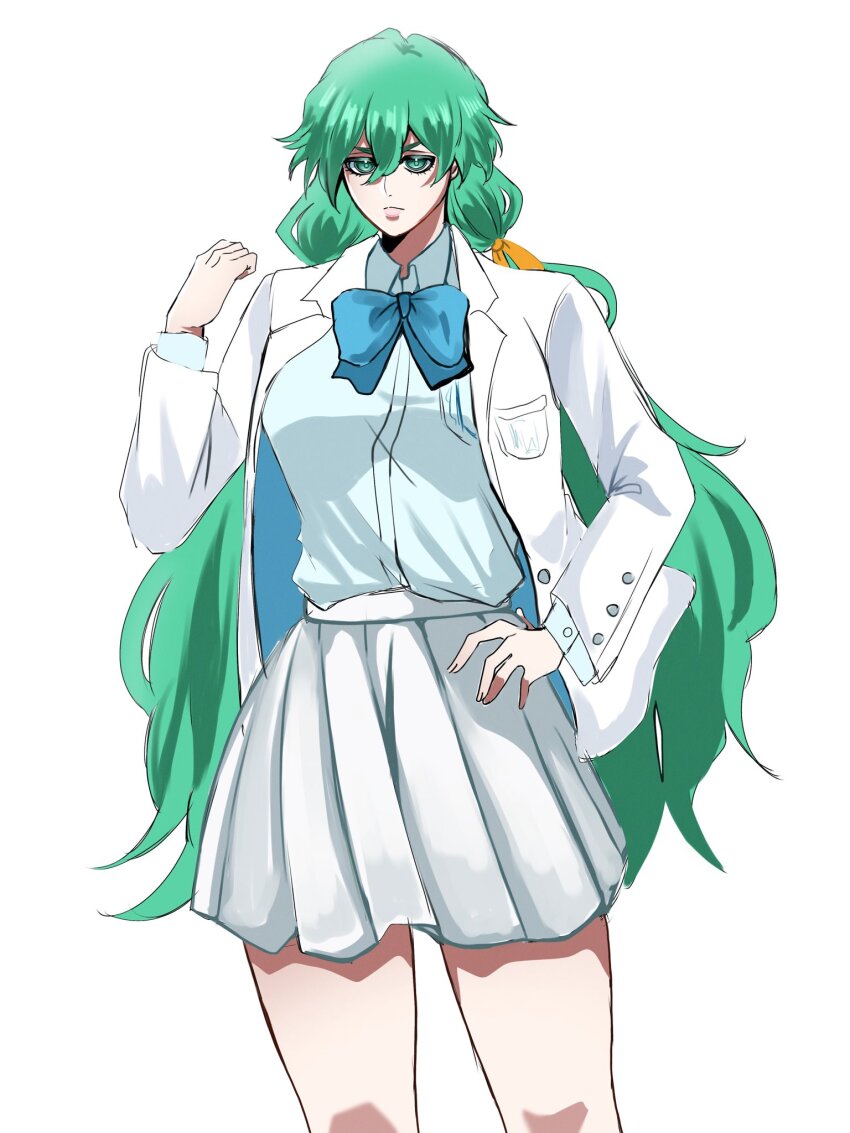 1girl arrancar bleach blue_bow blue_bowtie bowtie breasts female_focus green_eyes green_hair hand_on_own_hip highres lips long_hair medium_breasts nelliel_tu_odelschwanck rurara_rr school_uniform simple_background standing very_long_hair white_background