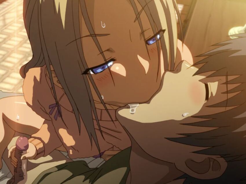 1boy 1girl 2010s 2011 bed blonde_hair blue_eyes breasts covered_erect_nipples drooling french french_kiss handjob jellyfish_(company) kamimura_akiko keisuke_(sisters) kiss kouzaka_kouhei large_breasts lips long_hair long_sleeves nipples_visible_through_shirt no_bra older_woman_and_younger_man penis premature_ejaculation saliva saliva_trail shiny_skin shocked_pupils shy sisters_~natsu_no_saigo_no_hi~ surprised sweat sweater taki_minashika uncensored veins veiny_penis